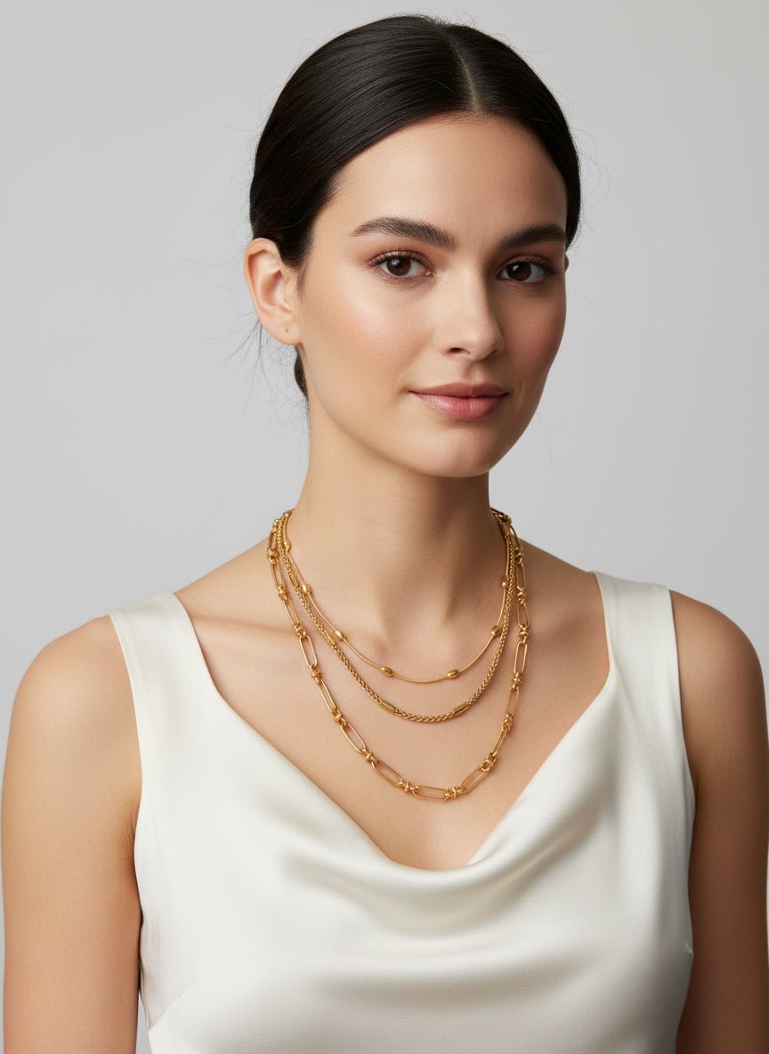 18K Gold - Plated Layered Chain Necklace and Bracelet Jewelry Set - Jsandiclothing.com