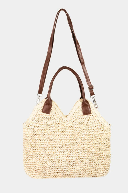 Fame Straw Braided Faux Leather Strap Shoulder Bag - stylish medium-sized tote with bohemian charm, durable faux leather strap.