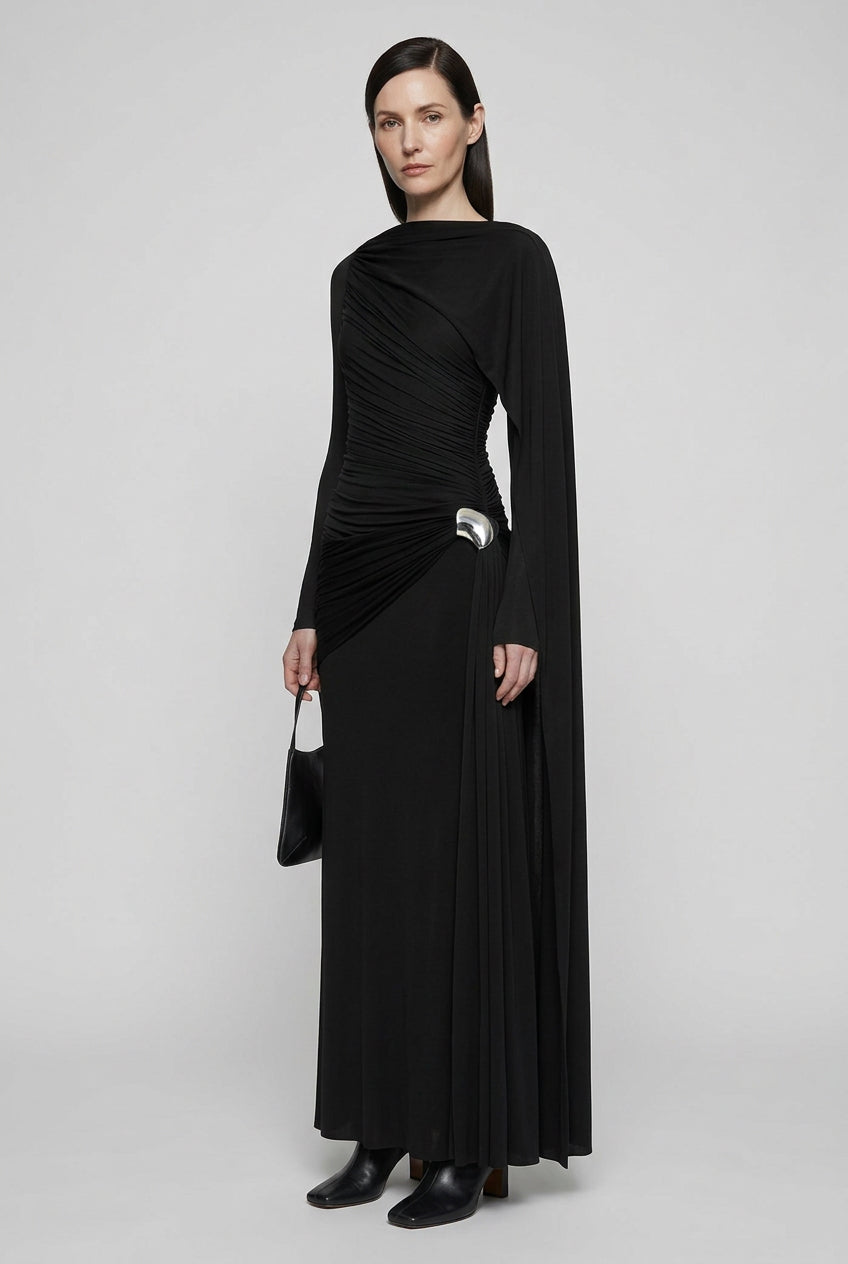 Ruched Draped Long Sleeve Maxi Dress in Black | JSandiclothing
