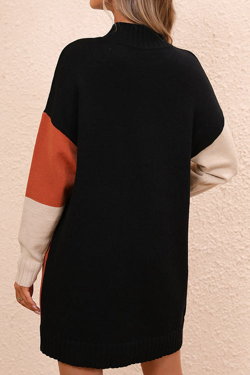 Color block mock neck sweater dress with dropped shoulder long sleeves in black, rust, and beige colors.