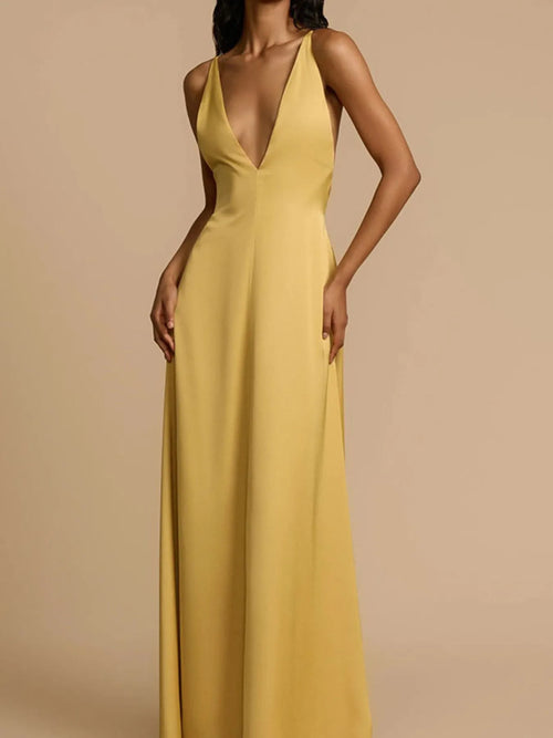 Yellow backless deep V-neck maxi dress with crisscross straps and slightly stretchy polyester fabric