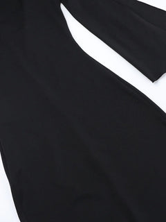 Black asymmetrical tied sleeveless maxi dress made of 100% polyester with no stretch and unlined body.
