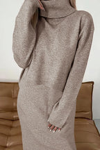 Turtleneck dropped shoulder brown knit sweater and dress set with moderate stretch, long sleeves, and ribbed cuffs.