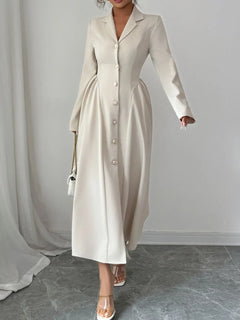 Elegant cream button-front long sleeve midi dress with ruched waist and tailored collar