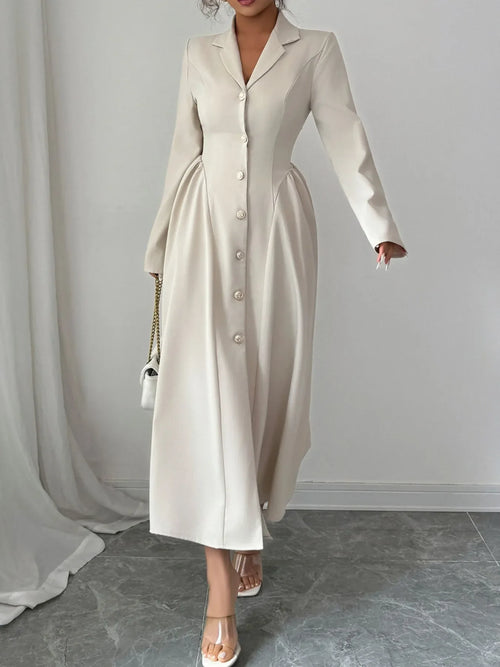 Elegant cream button-front long sleeve midi dress with ruched waist and tailored collar