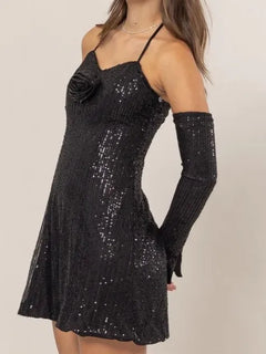 HYFVE Sequin Rosette Halter Mini Dress with sparkle and rosette detailing.