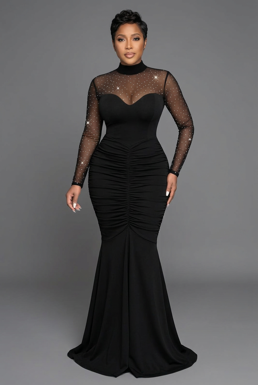 Mesh Mock Neck Long Sleeve Maxi Dress