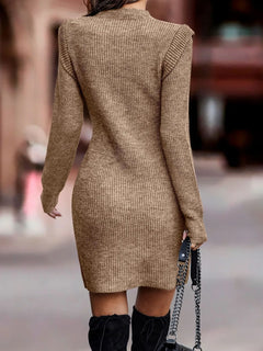 Plus size full length ribbed knit bodycon sweater dress in brown with long sleeves and moderate stretch material