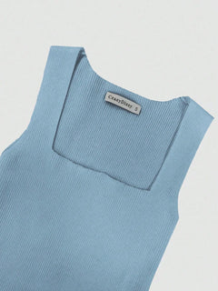 Light blue ribbed knit bodycon dress with square neckline and sleeveless design