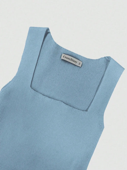 Light blue ribbed knit bodycon dress with square neckline and sleeveless design