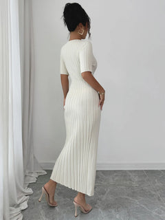 Women’s ribbed round neck short sleeve sweater dress in white, 100% viscose, midi length with moderate stretch