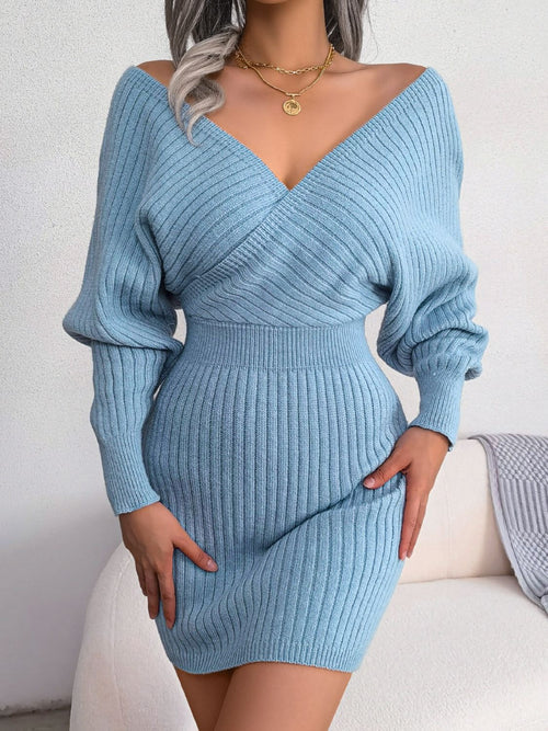 Women’s light blue rib-knit dolman sleeve mini sweater dress with surplice neckline and A-line hem