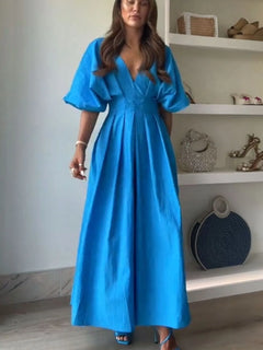 Blue V-neck half sleeve midi dress with ruched detailing and backless design