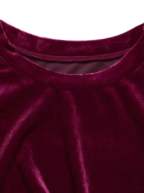 Velvet Slit Round Neck Long Sleeve Dress with Side Tie Detail