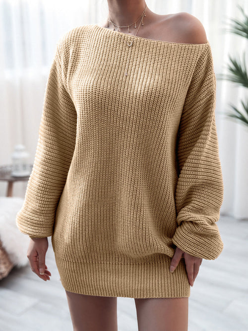 Beige rib-knit mini sweater dress with off-shoulder design and long sleeves, slightly stretchy acrylic fabric.