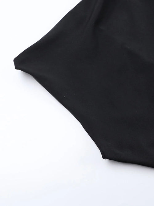 Black asymmetrical tied sleeveless maxi dress detail shot