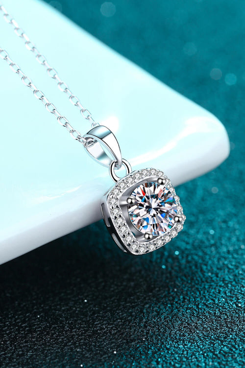 Moissanite Square Pendant on sterling silver chain with zircon accents.