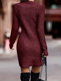 Full size ribbed knit bodycon sweater dress in burgundy with long sleeves and moderate stretch, plus size.