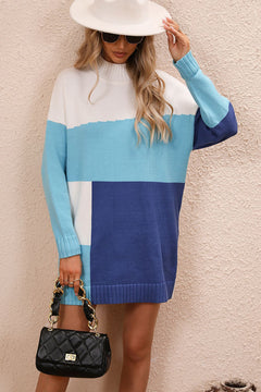 Casual color block mock neck sweater dress with dropped shoulders and ribbed long sleeves in blue and white tones