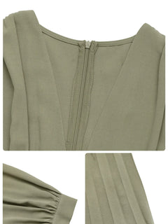 Close-up of olive pleated long sleeve V-neck dress with zipper and cuff details