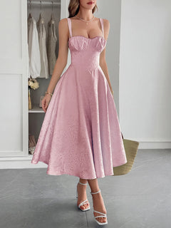 Pink lace-up sleeveless midi dress with ruched bodice and flared skirt, made from 100% polyester.