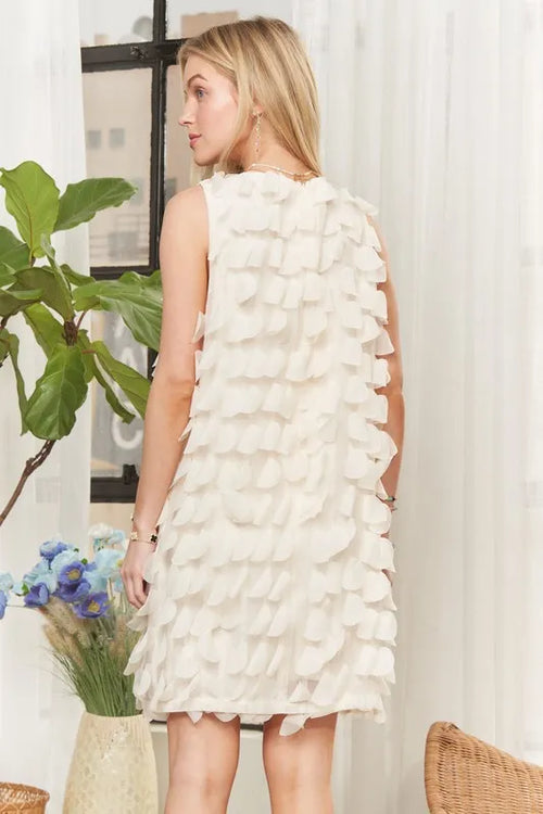 ADORA Sleeveless Shift 3D Petal Dress with floral detailing.