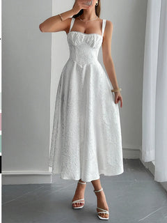 White lace-up sleeveless midi dress with ruched bodice and lined polyester fabric