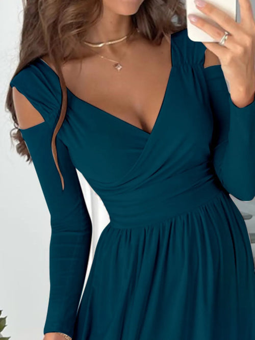 Plus size long sleeve slit surplice cutout maxi dress in teal with slight stretch and machine washable fabric