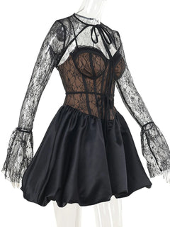 Sweetheart neck lace two-piece dress with sheer lace sleeves and flared satin skirt in black