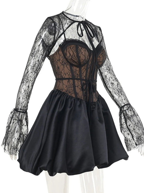 Sweetheart neck lace two-piece dress with sheer lace sleeves and flared satin skirt in black