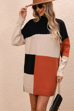casual color block mock neck sweater dress with dropped shoulders and long sleeves in black, beige, and rust tones