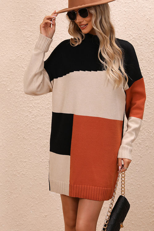casual color block mock neck sweater dress with dropped shoulders and long sleeves in black, beige, and rust tones