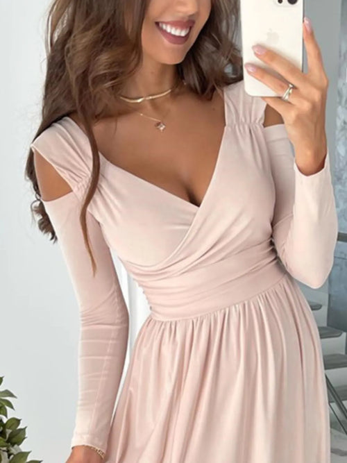 Plus size full length slit surplice cutout long sleeve maxi dress in light pink with slight stretch and machine washable fabric