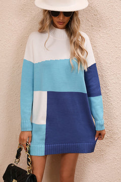 Color block mock neck sweater dress with dropped shoulders and long sleeves in blue and white tones