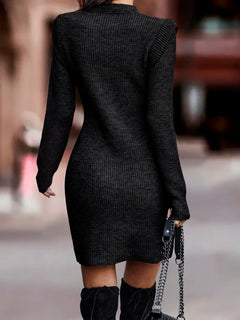 Full size ribbed knit black bodycon sweater dress in plus size with long sleeves and moderate stretch polyester blend material
