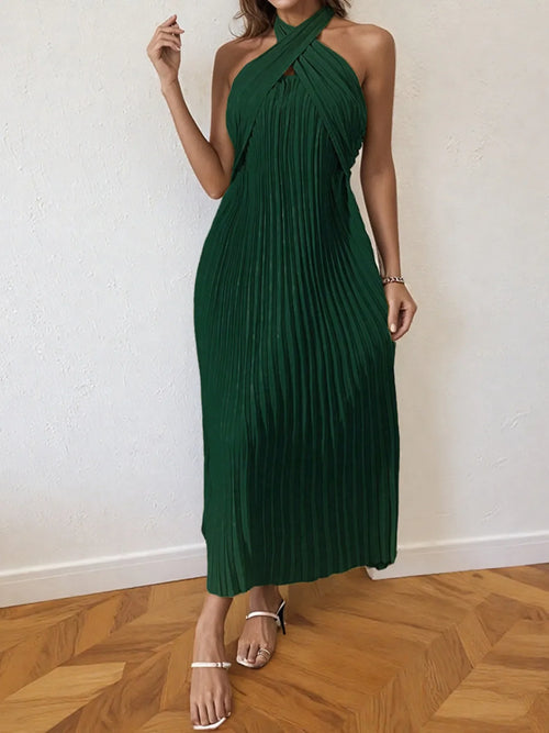 Elegant green pleated halter neck midi dress with tied detail and no stretch, made from 100% polyester.