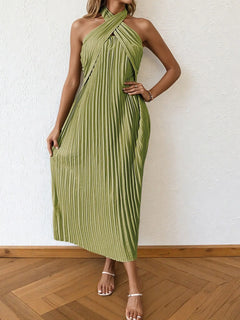Green pleated halter neck midi dress with tied neckline and no stretch detailing