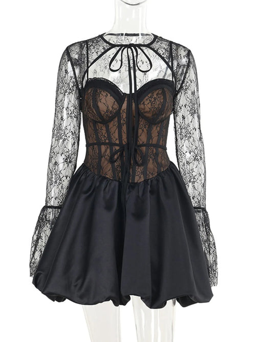 Sweetheart neck lace two-piece dress and cover-up set with sheer lace sleeves and fitted bodice in black
