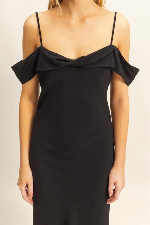 Black HYFVE Flattering Fit Cami Maxi Dress with asymmetrical ruffled neckline and thin straps.