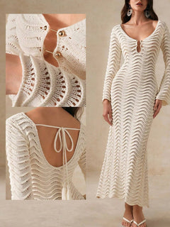 Wave Openwork Crochet Maxi Knit Dress with cutout and tied detail, slightly stretchy polyester material.