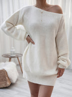 White rib-knit mini sweater dress with long sleeves and off-shoulder neckline in soft acrylic fabric