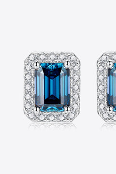 2 carat indigo moissanite stud earrings in platinum-plated sterling silver with geometric design