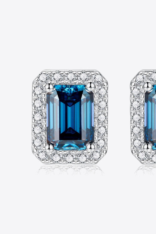 2 carat indigo moissanite stud earrings in platinum-plated sterling silver with geometric design