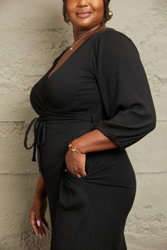 Plus size Culture Code black surplice wrap midi dress with long ruched sleeves and waist tie