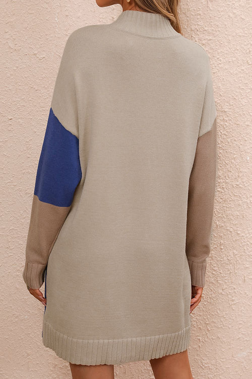 Color Block Mock Neck mini sweater dress with dropped shoulders and long sleeves in beige, blue, and brown ribbed knit fabric