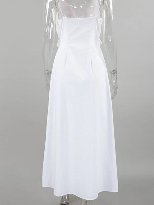 White ruffled V-neck maxi dress made of 100% cotton with a lined body and frill detail