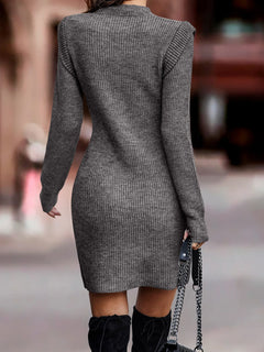 Full size ribbed knit grey bodycon sweater dress with long sleeves and moderate stretch in plus sizes
