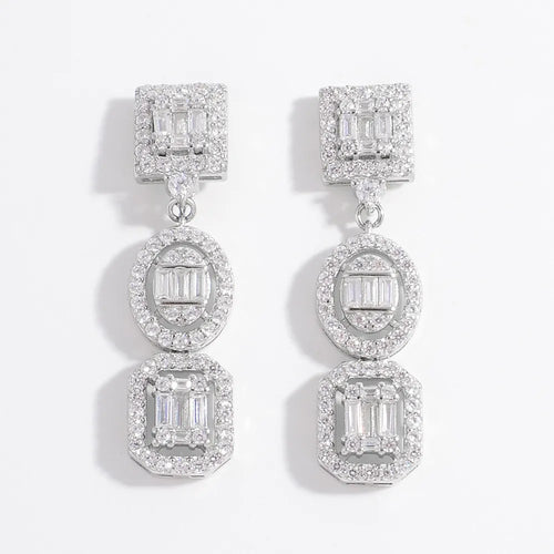 Pair of 925 sterling silver zircon inlaid dangle earrings with geometric shapes