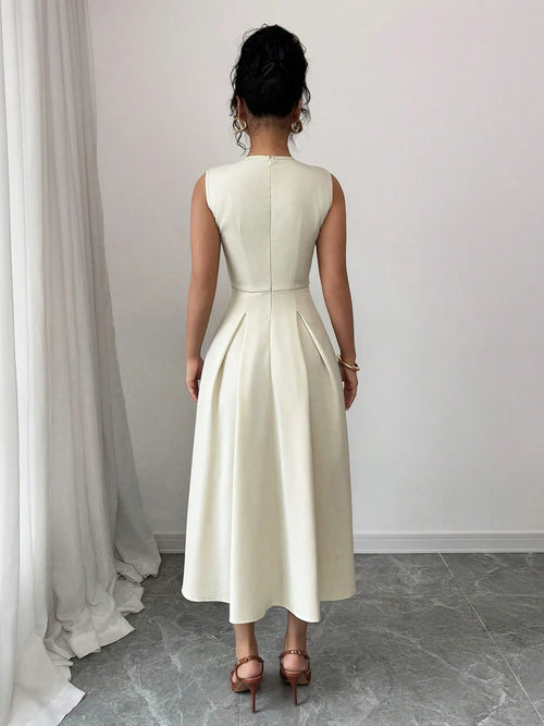 Back view of a sleeveless white midi dress with a fitted waist and buttoned design