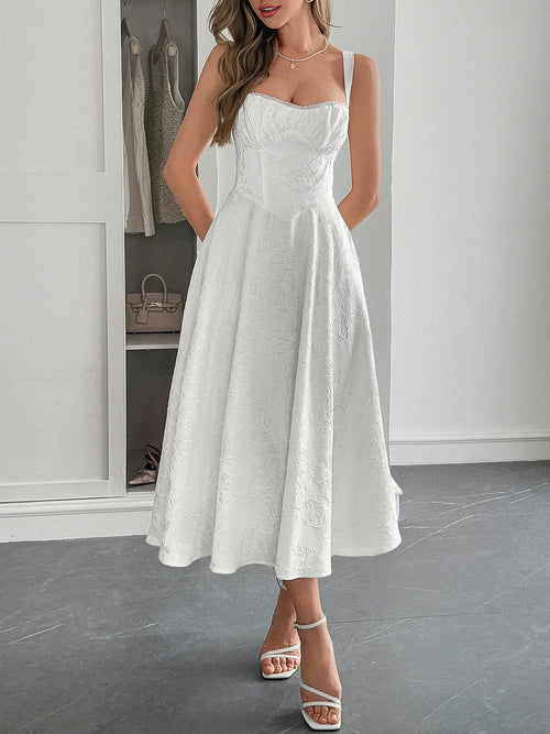White lace-up sleeveless midi dress with ruched detailing and a lined polyester fabric, styled with open-toe heels.